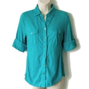 NWOT Sandra 100% Cotton Slub Knit Button-Down Blouse XS Roll-Up Sleeves Aqua